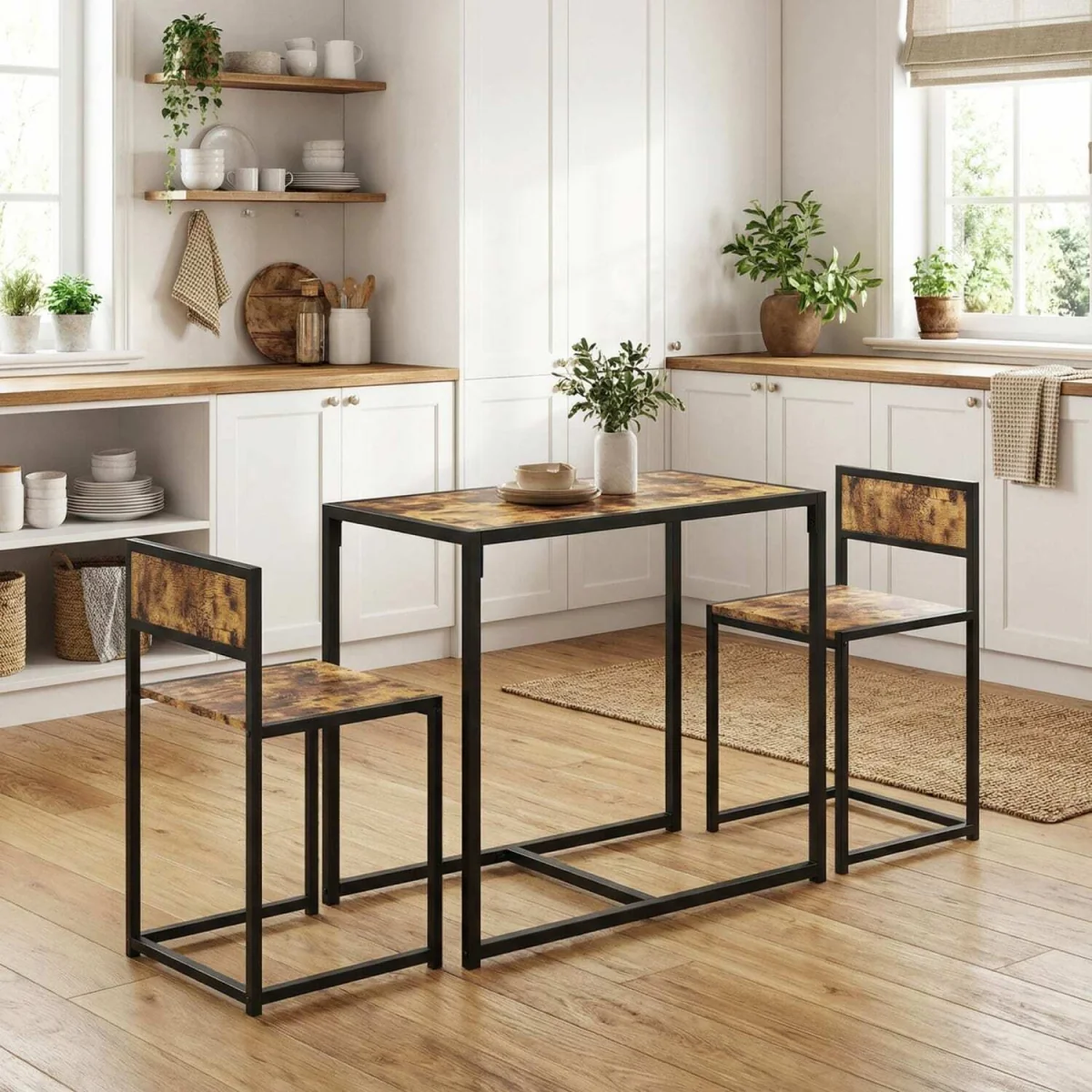 Doel 3 Piece Rustic Brown Wood-Effect Table and Stool Set – image 2