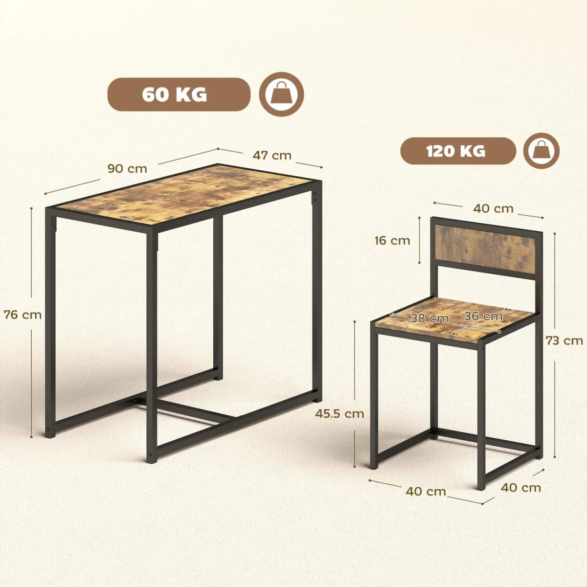 Doel 3 Piece Rustic Brown Wood-Effect Table and Stool Set – image 4