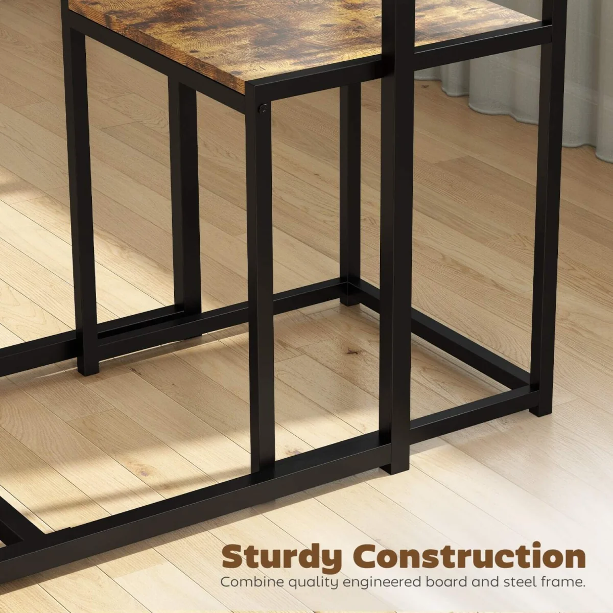 Doel 3 Piece Rustic Brown Wood-Effect Table and Stool Set – image 6