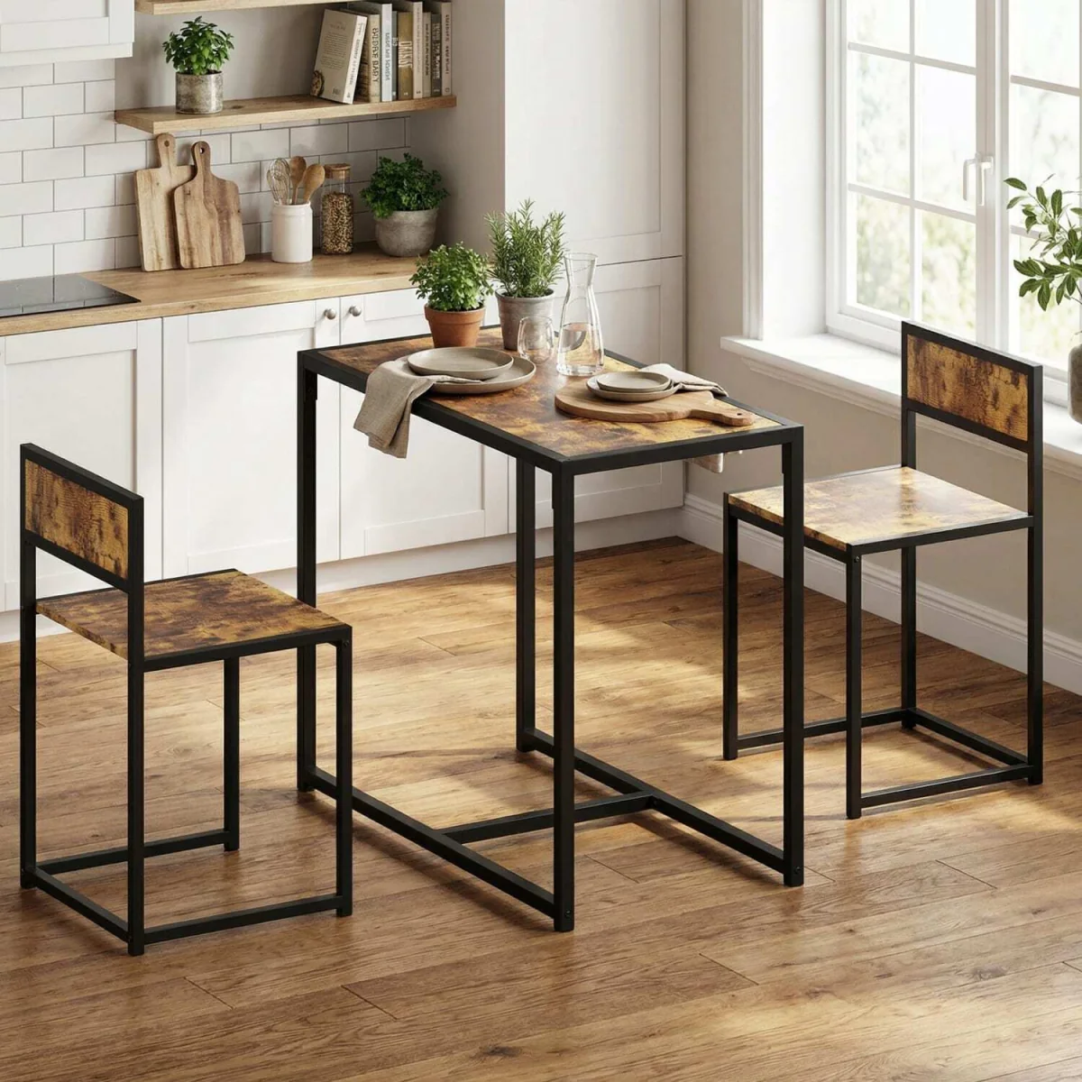 Doel 3 Piece Rustic Brown Wood-Effect Table and Stool Set – image 9