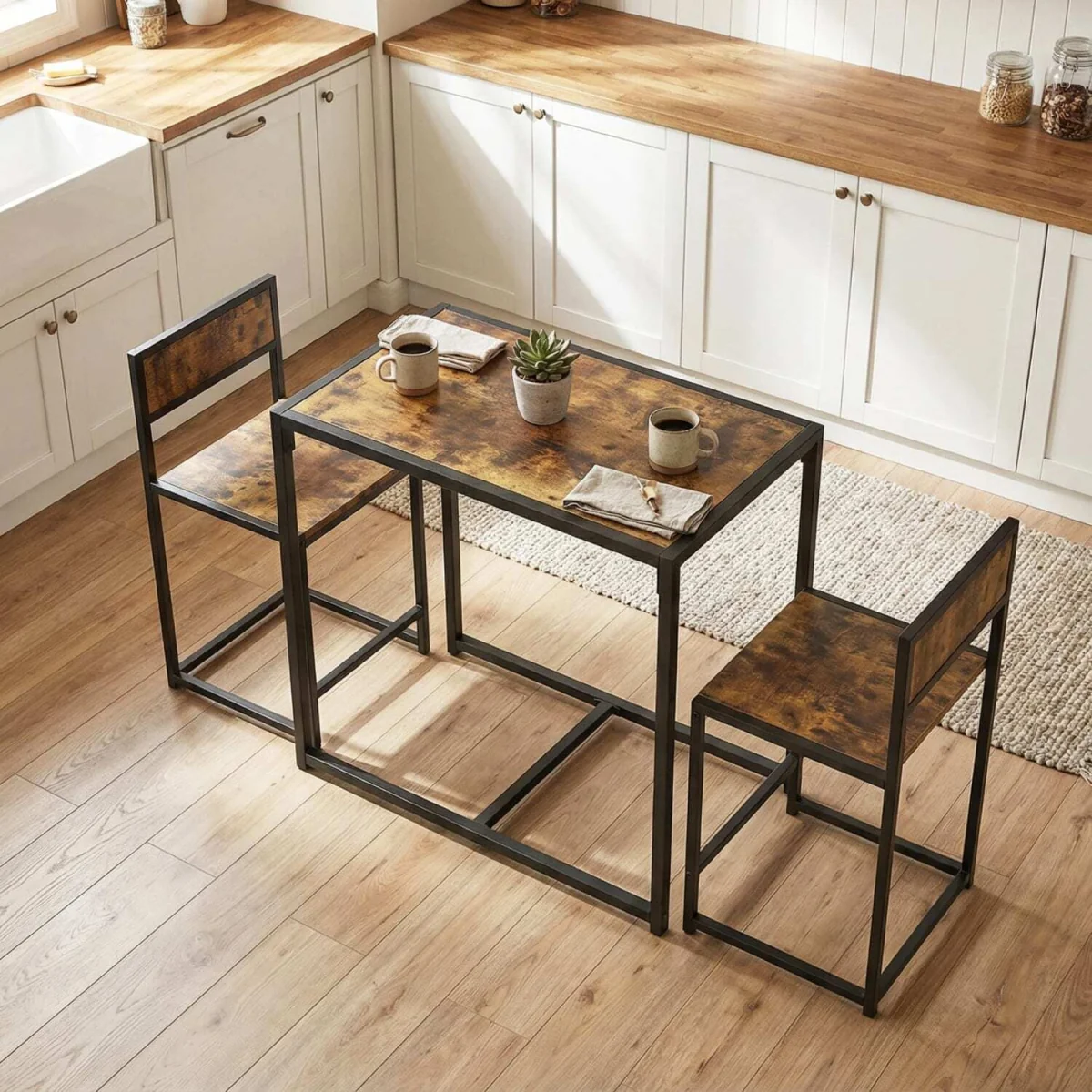 Doel 3 Piece Rustic Brown Wood-Effect Table and Stool Set – image 10
