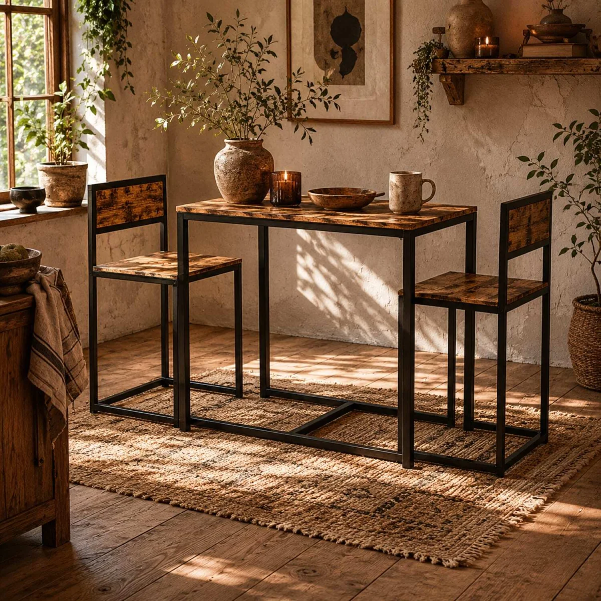 Doel 3 Piece Rustic Brown Wood-Effect Table and Stool Set – image 1