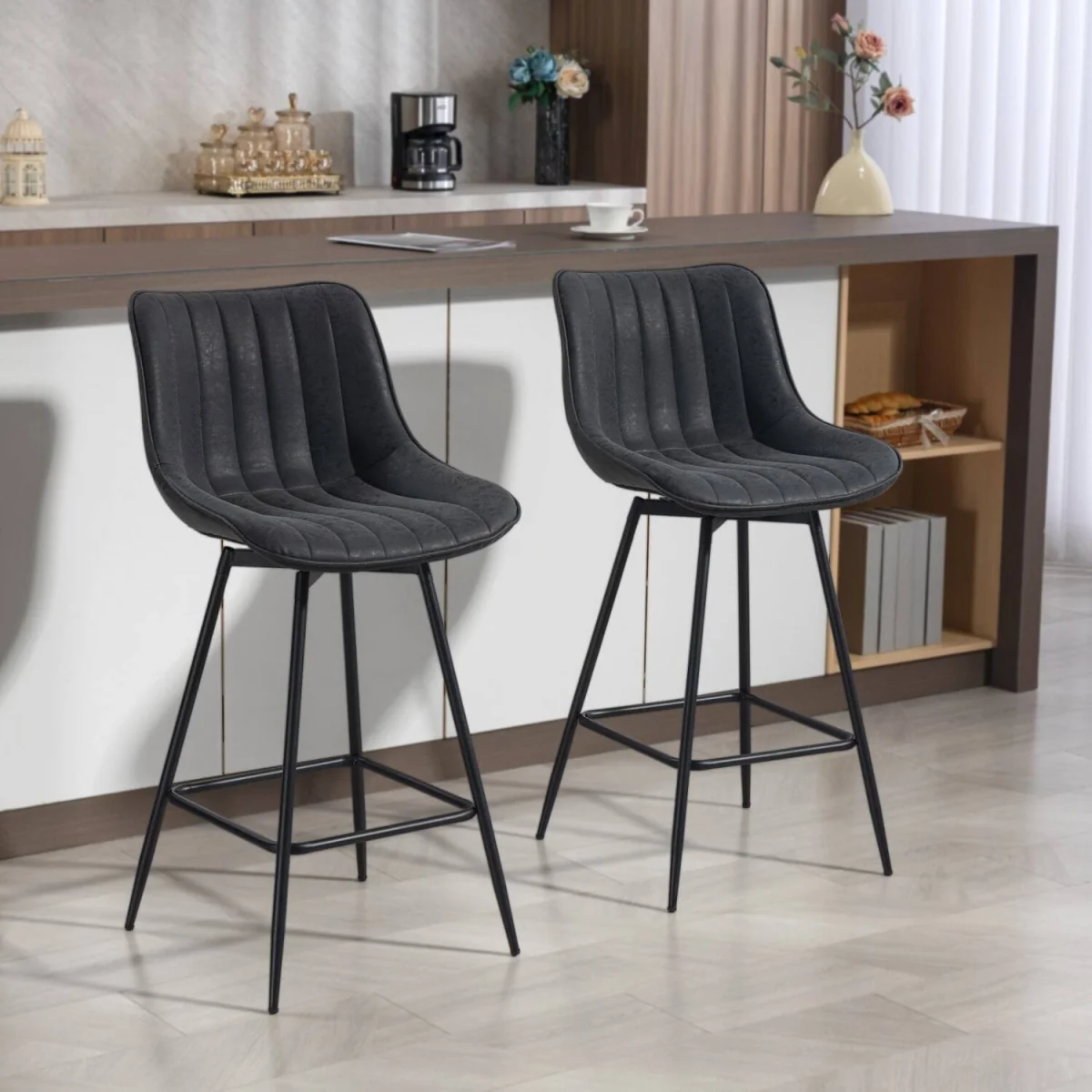 Lono Set Of 2 Black Faux Leather Swivel Counter Stools – image 3
