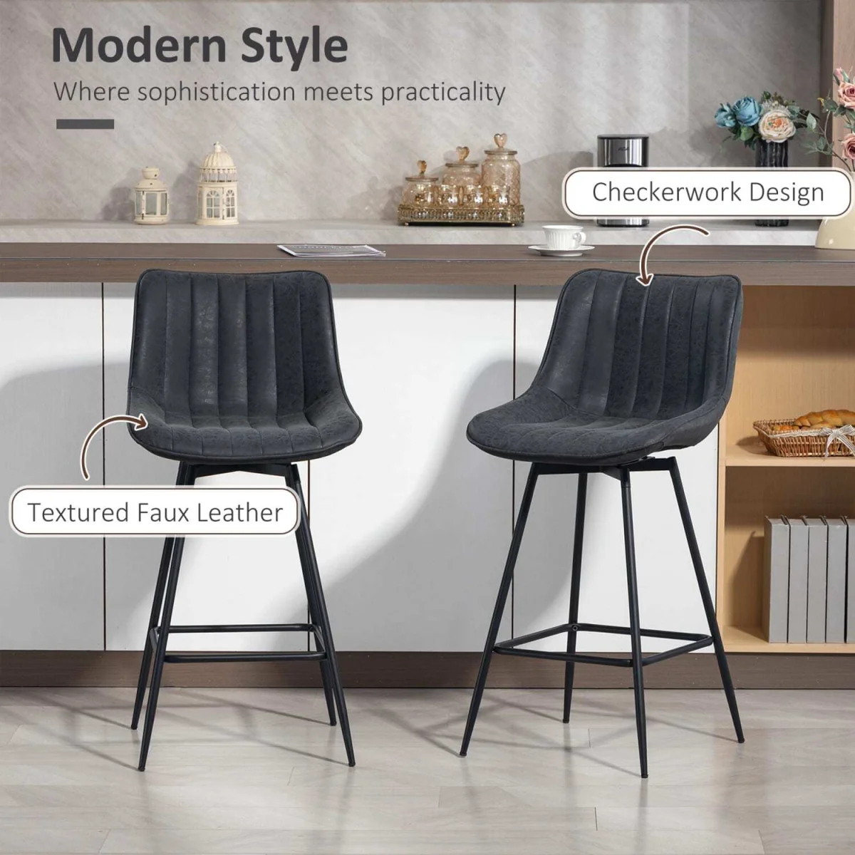 Lono Set Of 2 Black Faux Leather Swivel Counter Stools – image 5