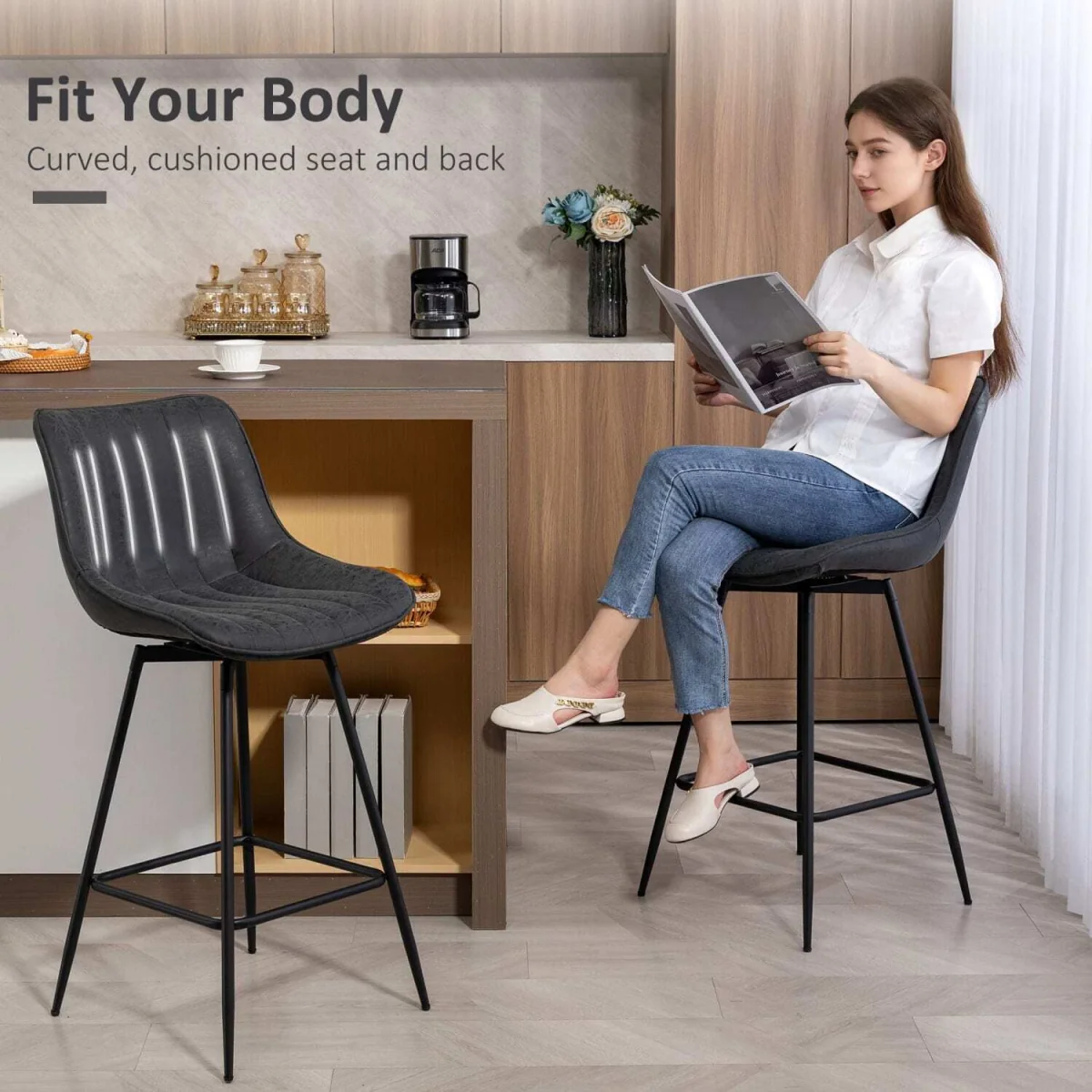 Lono Set Of 2 Black Faux Leather Swivel Counter Stools – image 7