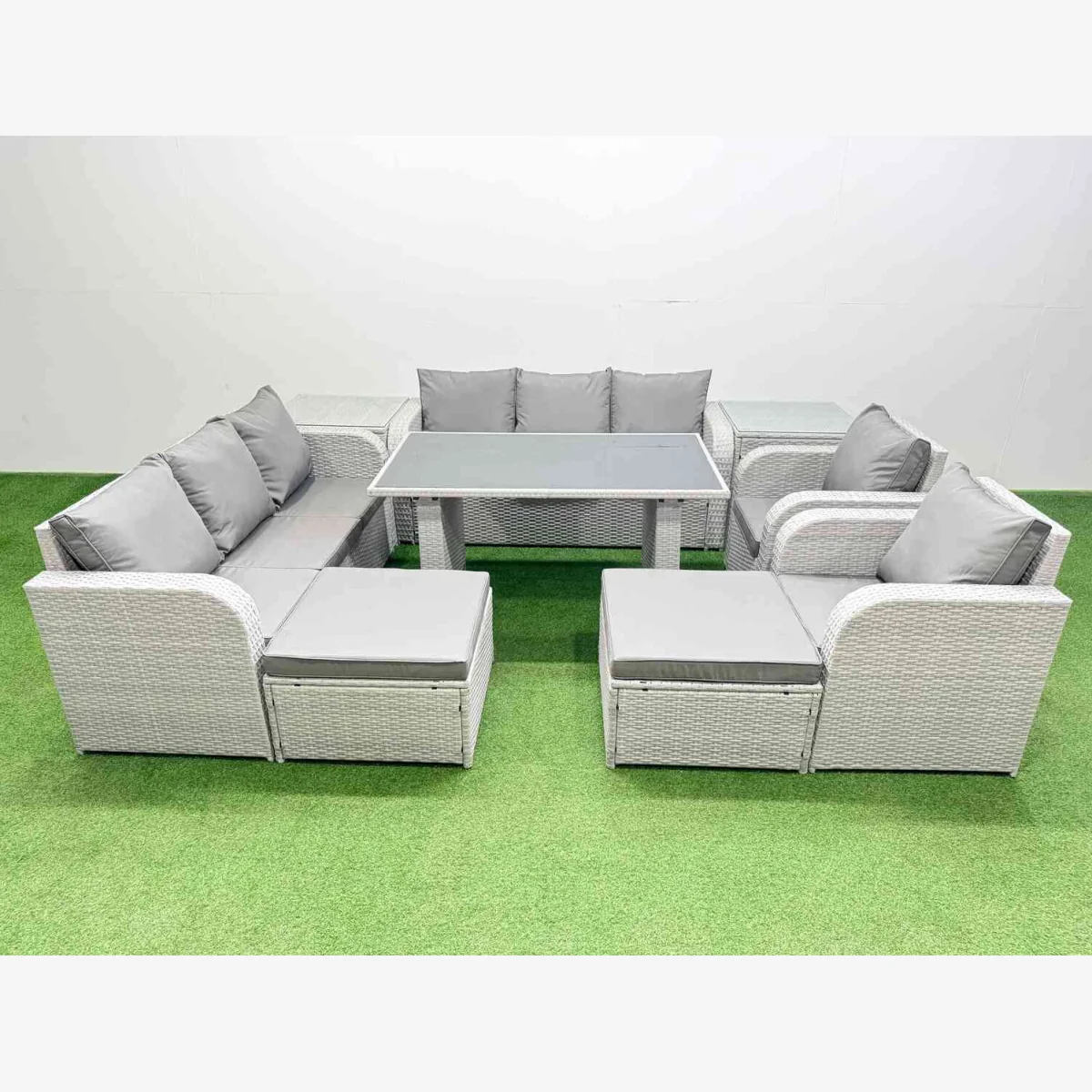 Fimous 10-Seater Rattan Set: 2 Recliners, 2 3-Seater Sofas, 2 Stools, Glass Table. - Light grey rattan + dark grey fabric – image 1