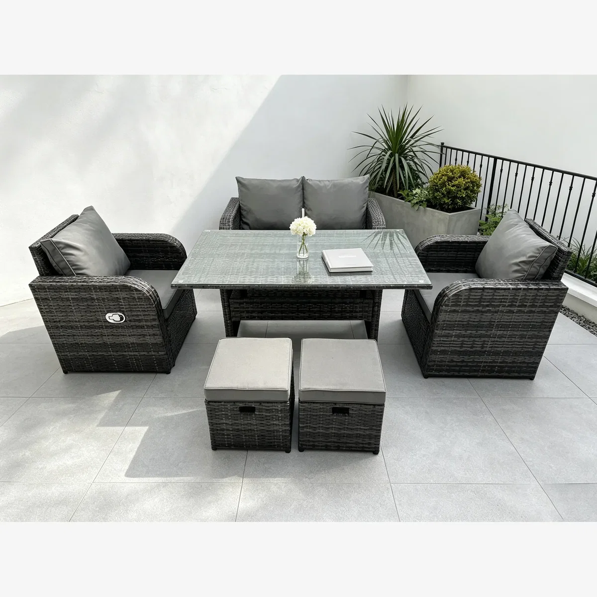 PE Rattan Garden Furniture Reclining Loveseat Table 6 Seat Stool