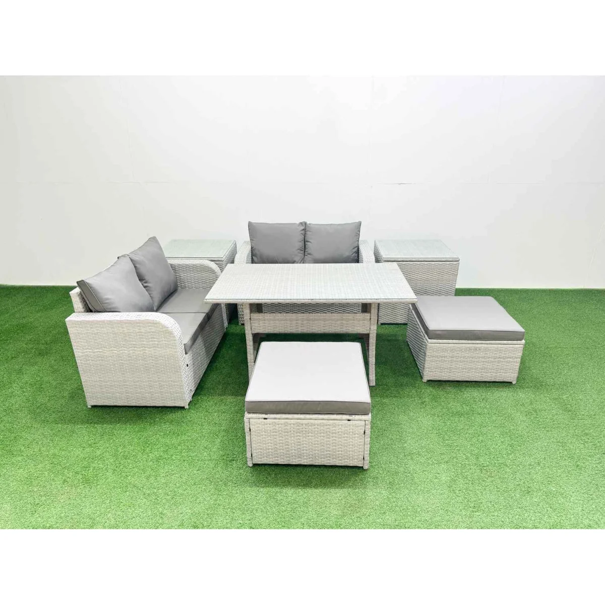 Fimous 6-Seater Outdoor Rattan Set with Table, 2 Stools & 2 Side Tables, Grey - Light Grey – image 5