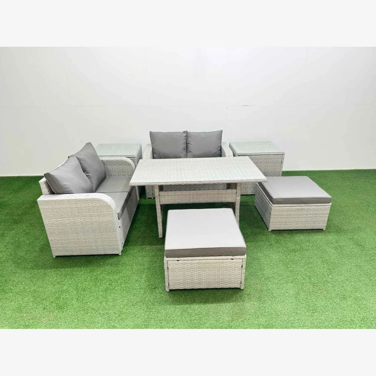 Fimous 6-Seater Outdoor Rattan Set with Table, 2 Stools & 2 Side Tables, Grey - Light Grey – image 1