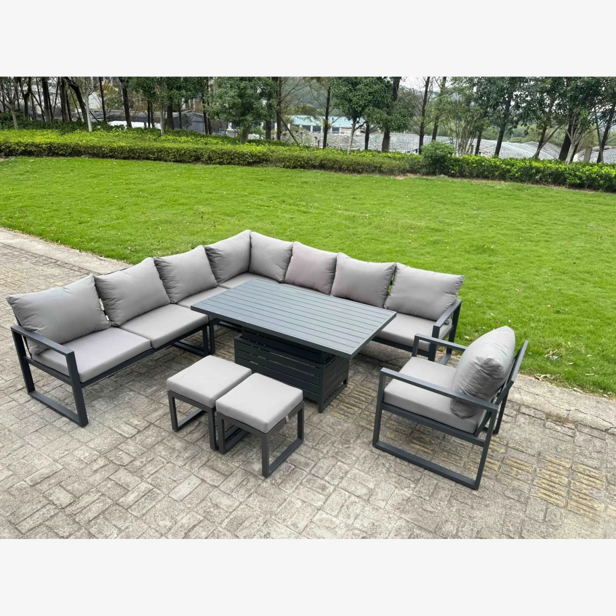 Aluminum 9 Piece 10-Seater L-Shaped Set with Lifting Table & 2 Stools - Dark grey