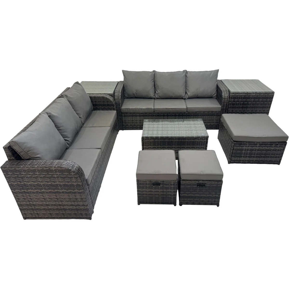 Fimous 9-Seater Rattan Garden Set: 2x 3-Seater Sofas, Coffee Table & Stools - Light Grey Mixed rattan with dark grey fabric – image 5
