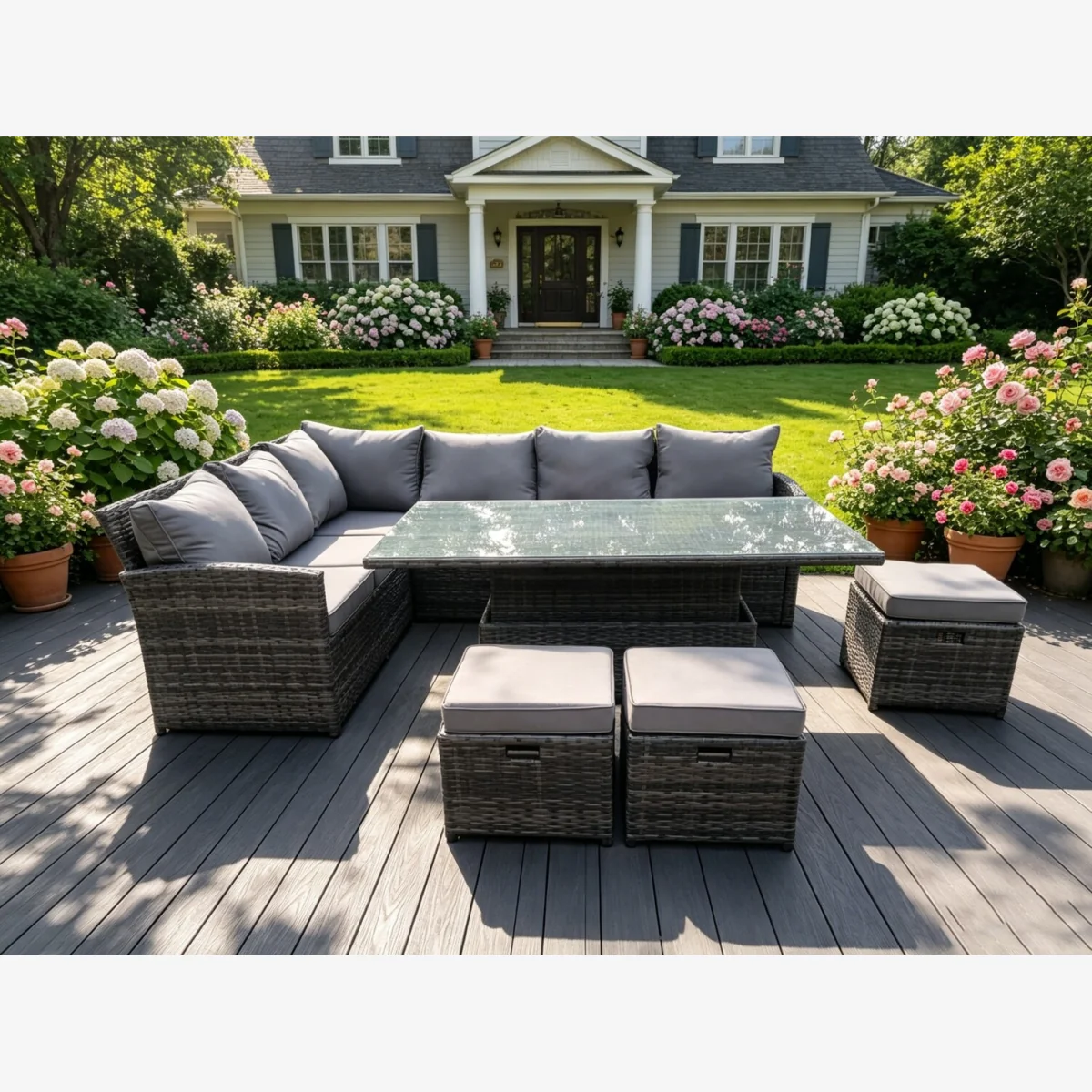 Rattan 9 Seater Corner Sofa Set Rising Table Stools - Dark Grey Mixed – image 1
