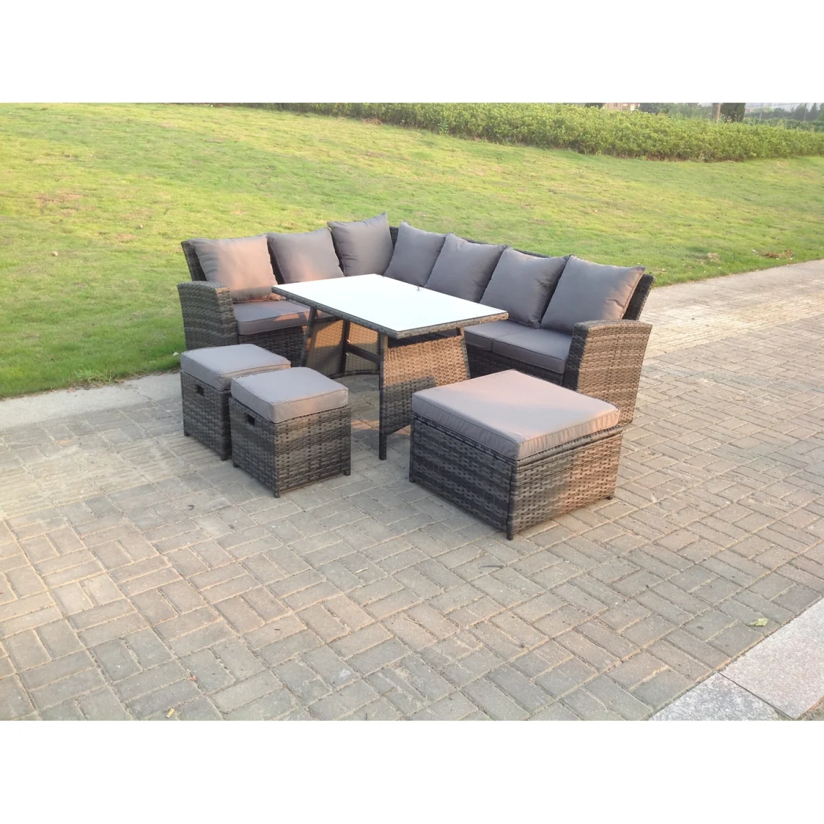 9 Seater Rattan Garden Furniture Set Oblong Dining Table 3 Stool - Dark Grey Mixed – image 3