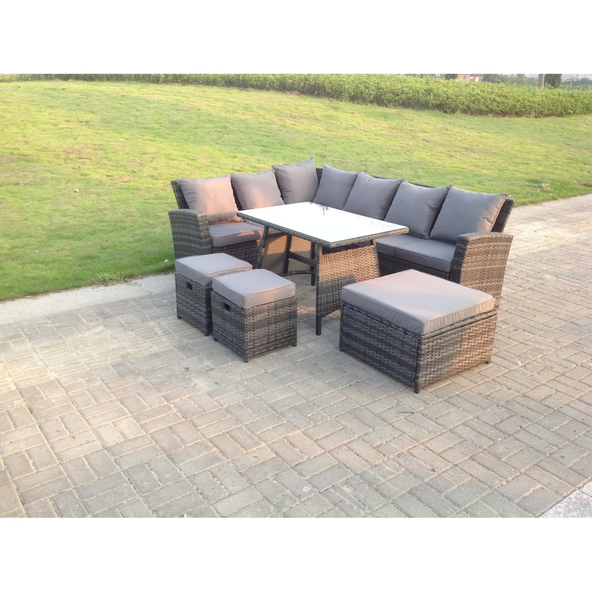 9 Seater Rattan Garden Furniture Set Oblong Dining Table 3 Stool - Dark Grey Mixed – image 4