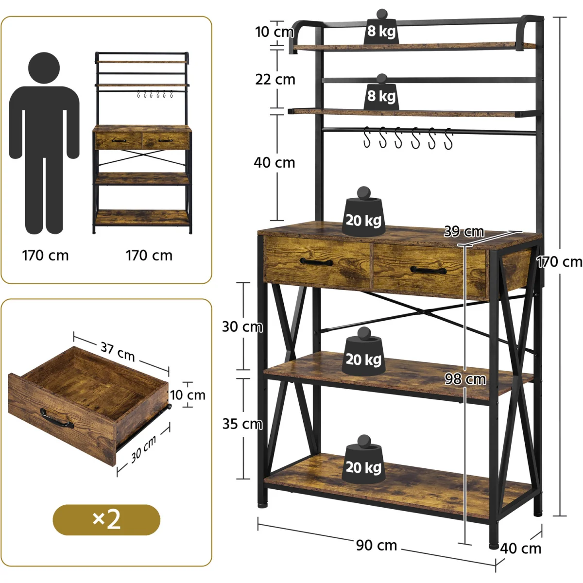 5 Tier Kitchen Bakers Rack with 2 Drawers - Rustic Brown – image 3
