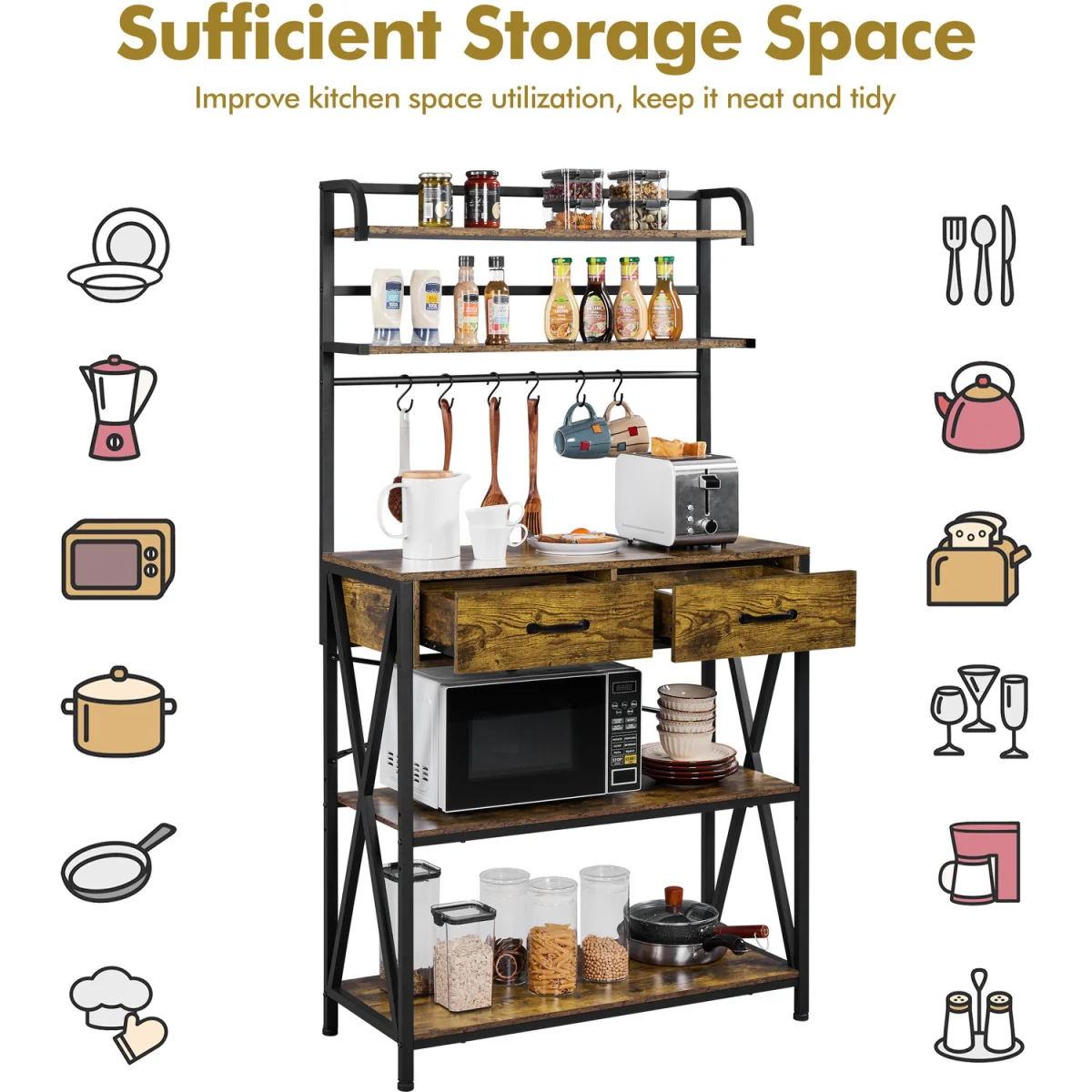5 Tier Kitchen Bakers Rack with 2 Drawers - Rustic Brown – image 4