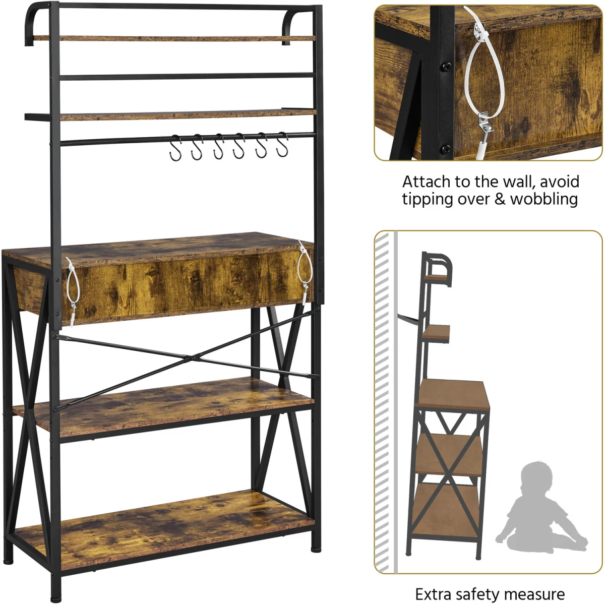 5 Tier Kitchen Bakers Rack with 2 Drawers - Rustic Brown – image 5
