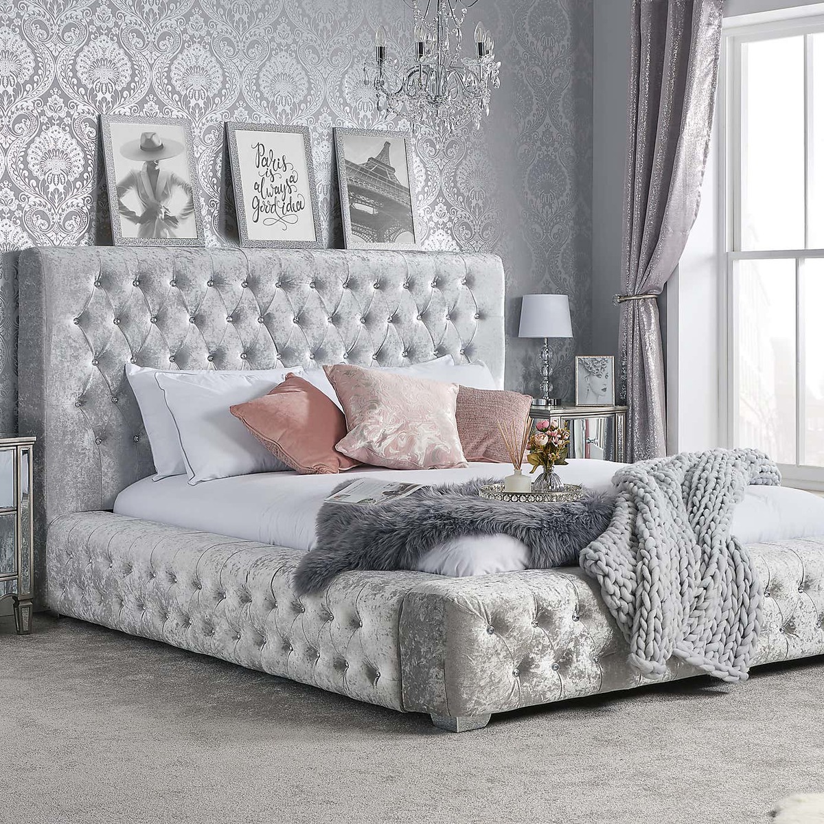 Grande Crushed Velvet Bed Grey – image 5