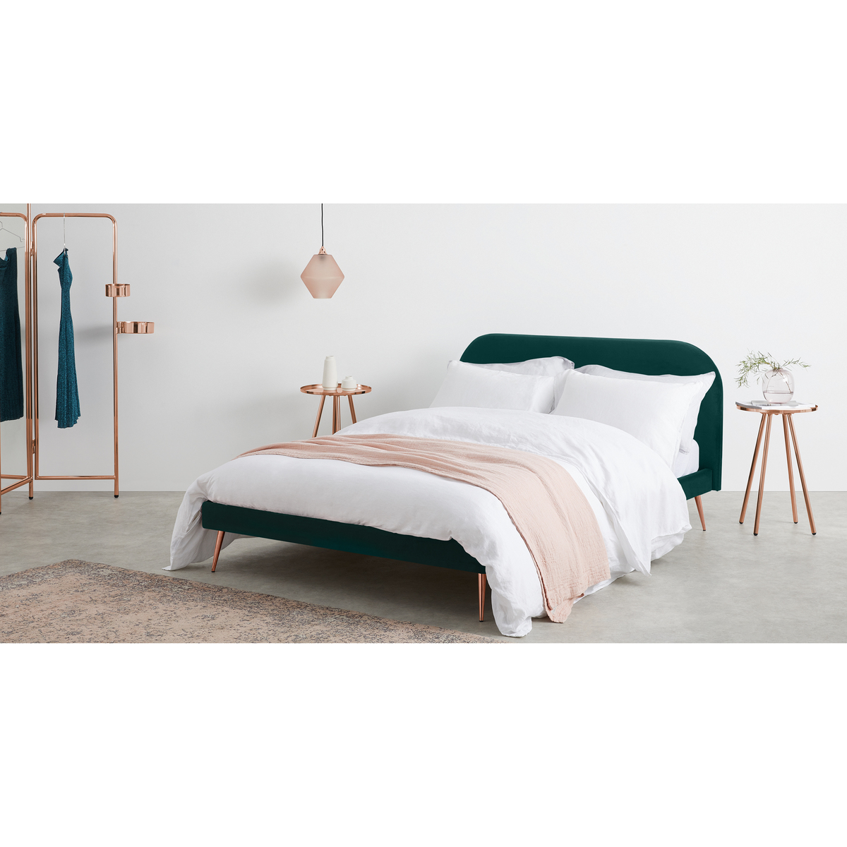Eulia King Size Bed, Seafoam Blue Velvet & Copper Legs – image 2