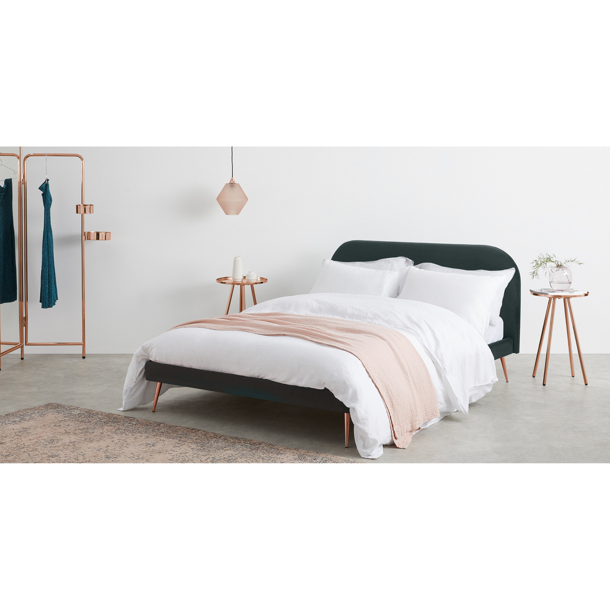 Eulia King Size Bed, Midnight Grey Velvet & Copper Legs – image 3