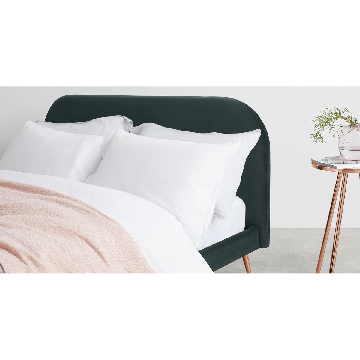 Eulia King Size Bed, Midnight Grey Velvet & Copper Legs – image 4