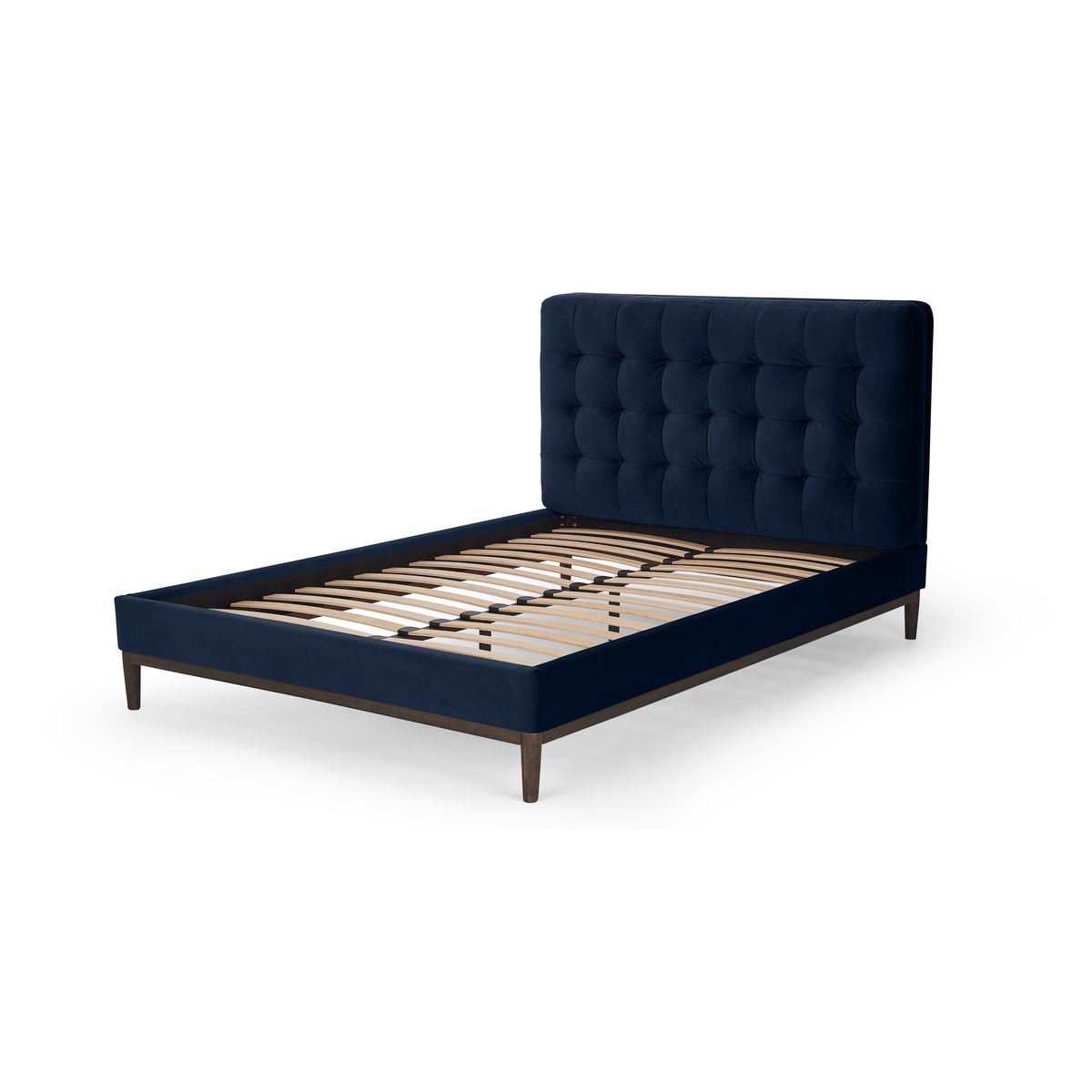 Lavelle Super King Size Bed, Ink Blue Velvet & Walnut Stain Legs – image 2