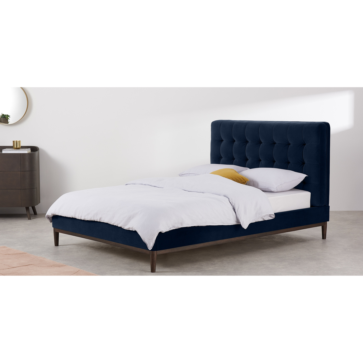 Lavelle Super King Size Bed, Ink Blue Velvet & Walnut Stain Legs – image 3