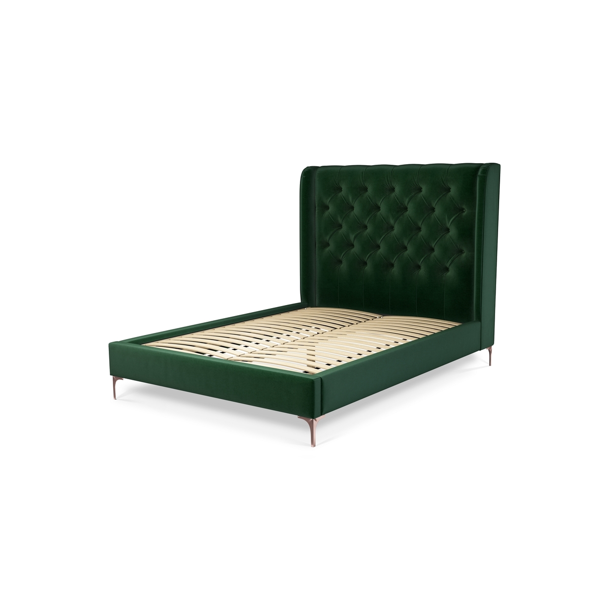 Custom MADE Romare Double size Bed, Bottle Green Velvet with Copper Legs – image 2