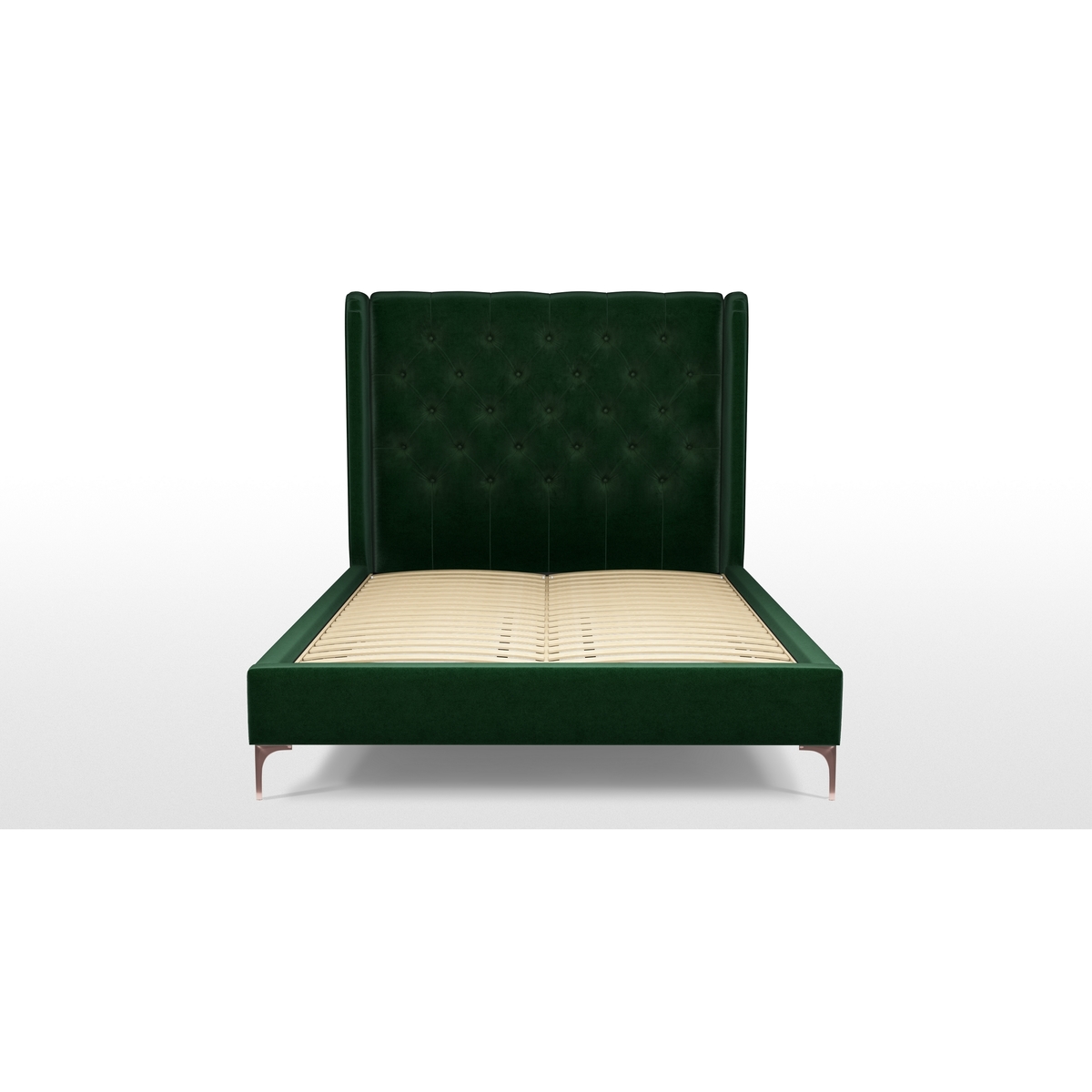 Custom MADE Romare Double size Bed, Bottle Green Velvet with Copper Legs – image 8
