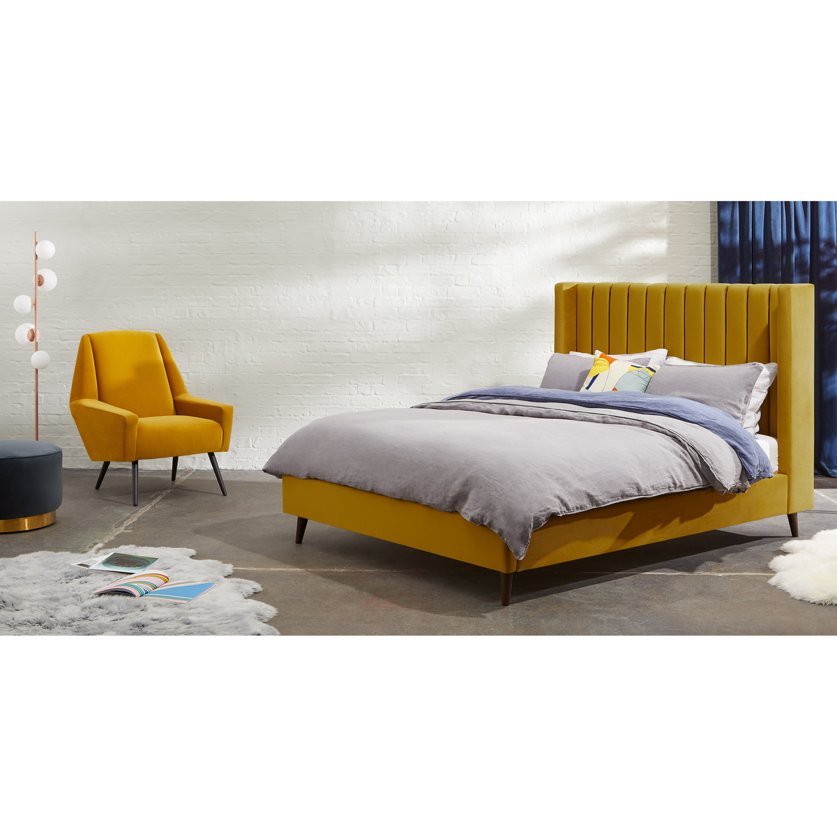 Custom MADE Cory King size Bed, Heather Pink Velvet with Black Stained Oak Legs – image 3