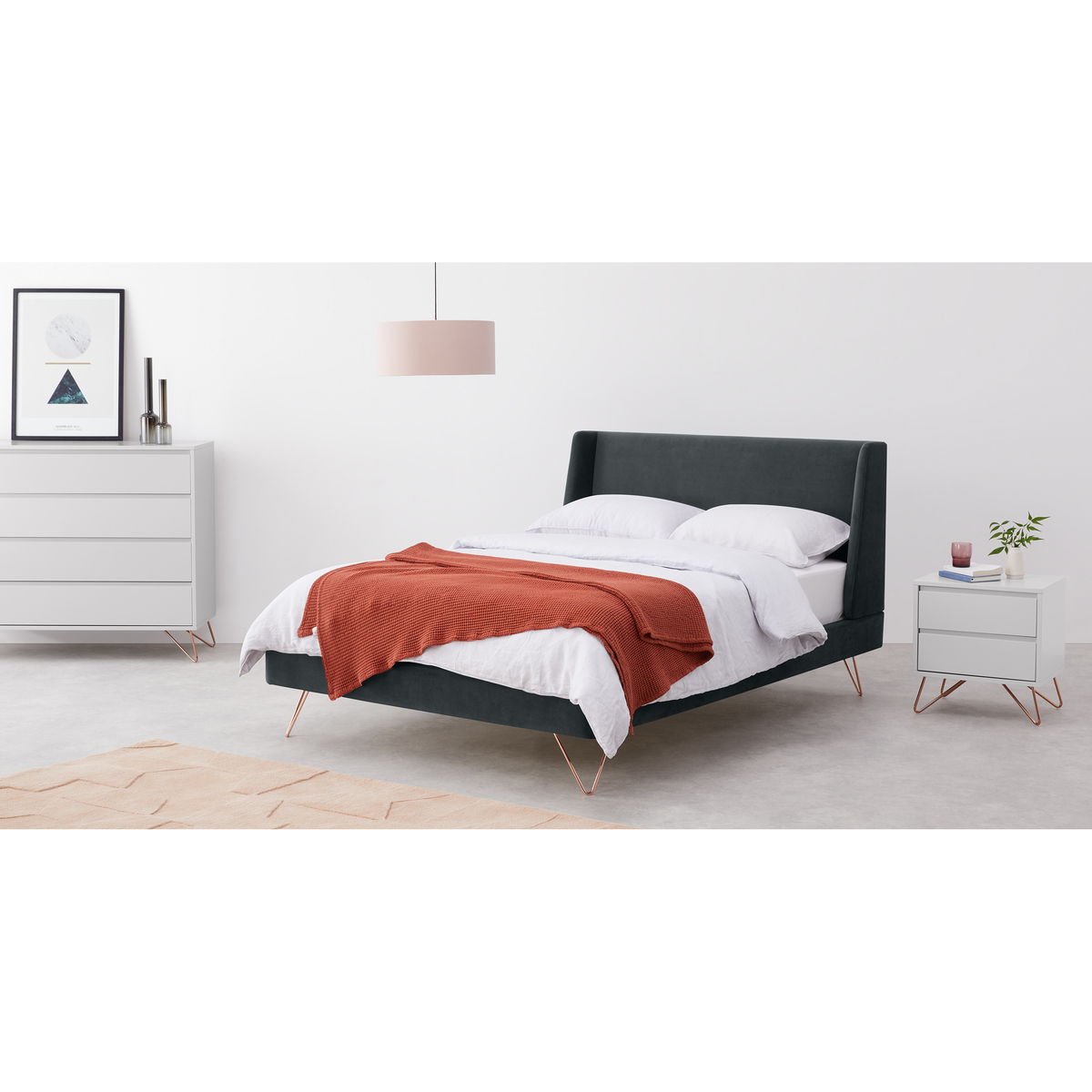 Elona King Size Bed, Midnight Grey Velvet & Copper Legs – image 3