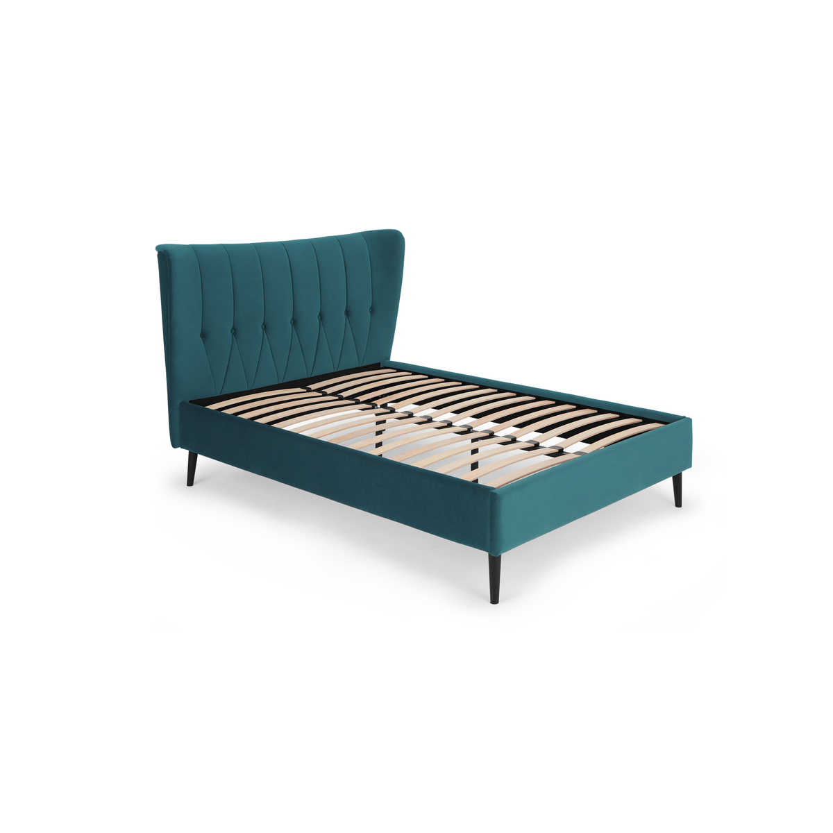 Charley Super King Size Bed, Seafoam Blue Velvet & Black Legs – image 2