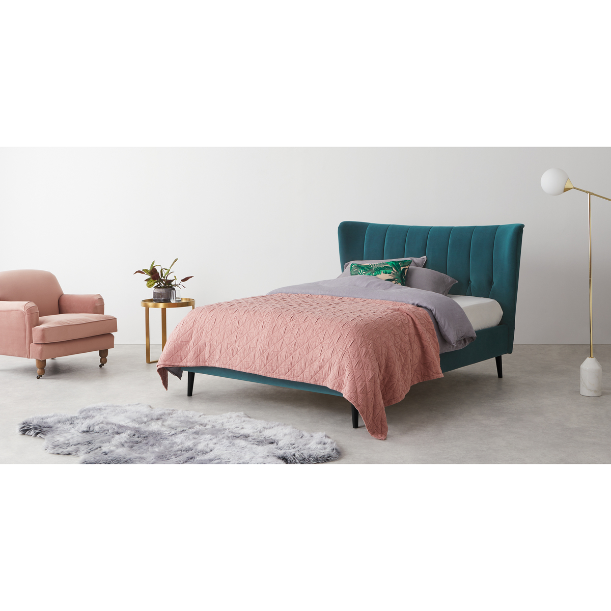 Charley Super King Size Bed, Seafoam Blue Velvet & Black Legs – image 3