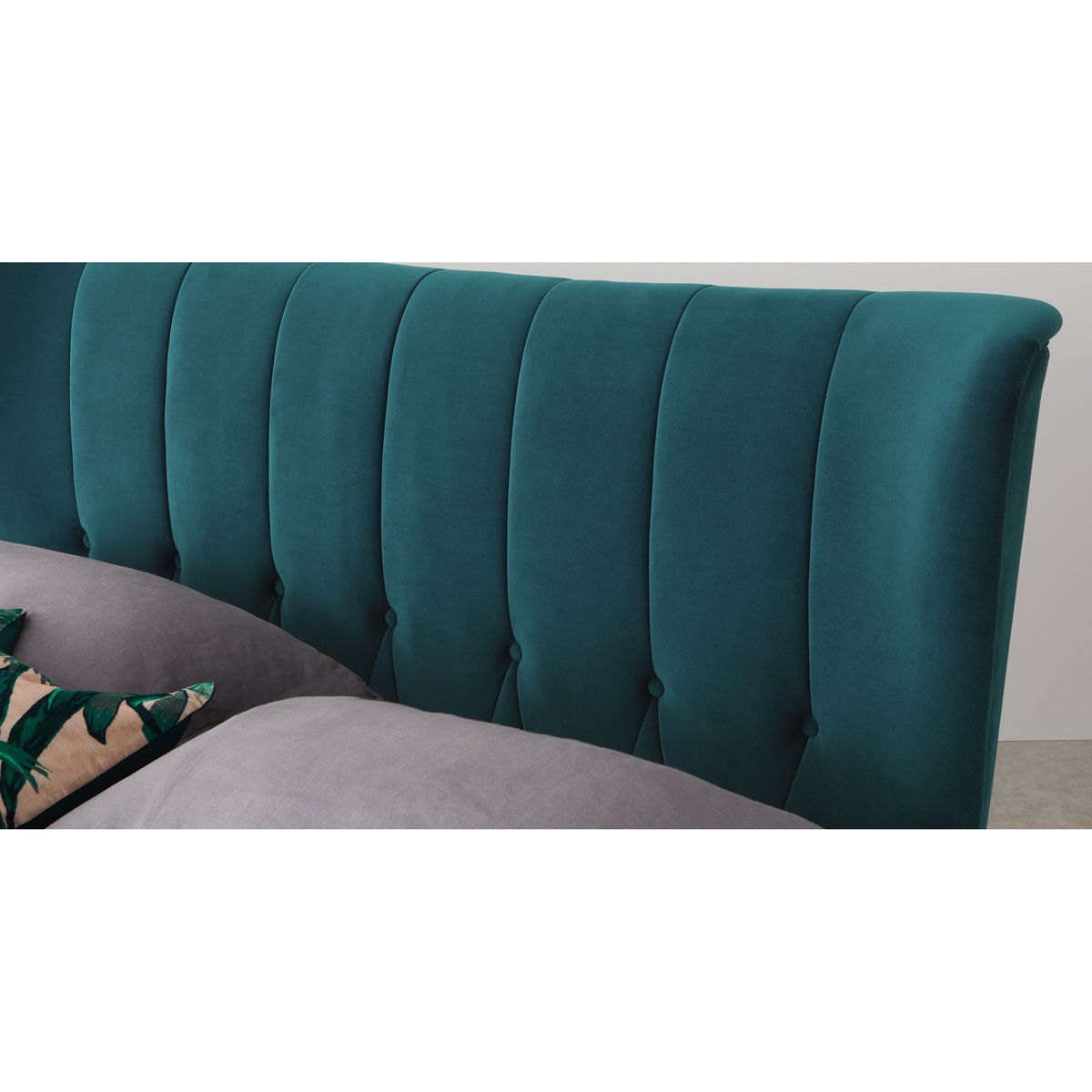 Charley Super King Size Bed, Seafoam Blue Velvet & Black Legs – image 6