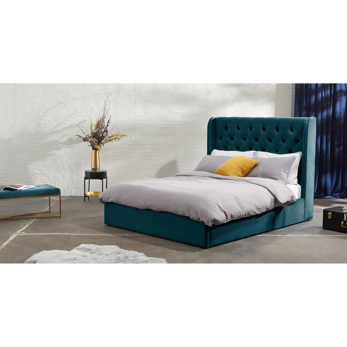 Custom MADE Romare Double size Bed with Ottoman, Sea Green Cotton – image 3