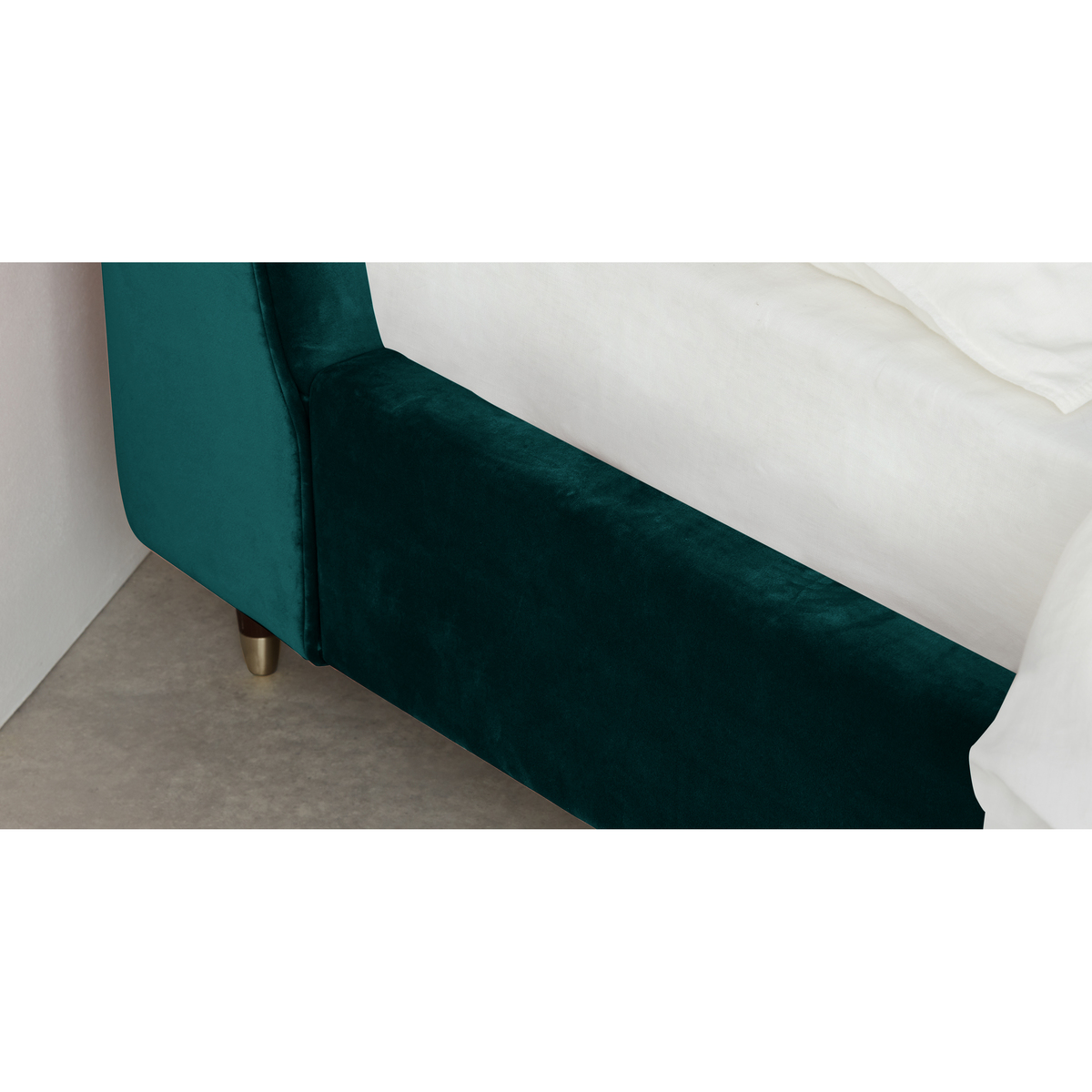 Margot King Size Bed, Seafoam Blue Velvet & Dark Stain Brass Legs – image 5