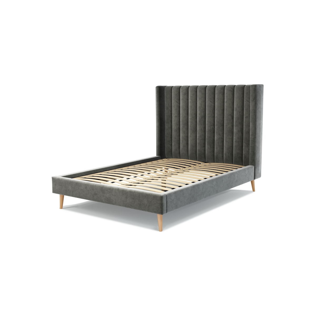 Custom MADE Cory Double size Bed, Steel Grey Velvet with Oak Legs – image 2