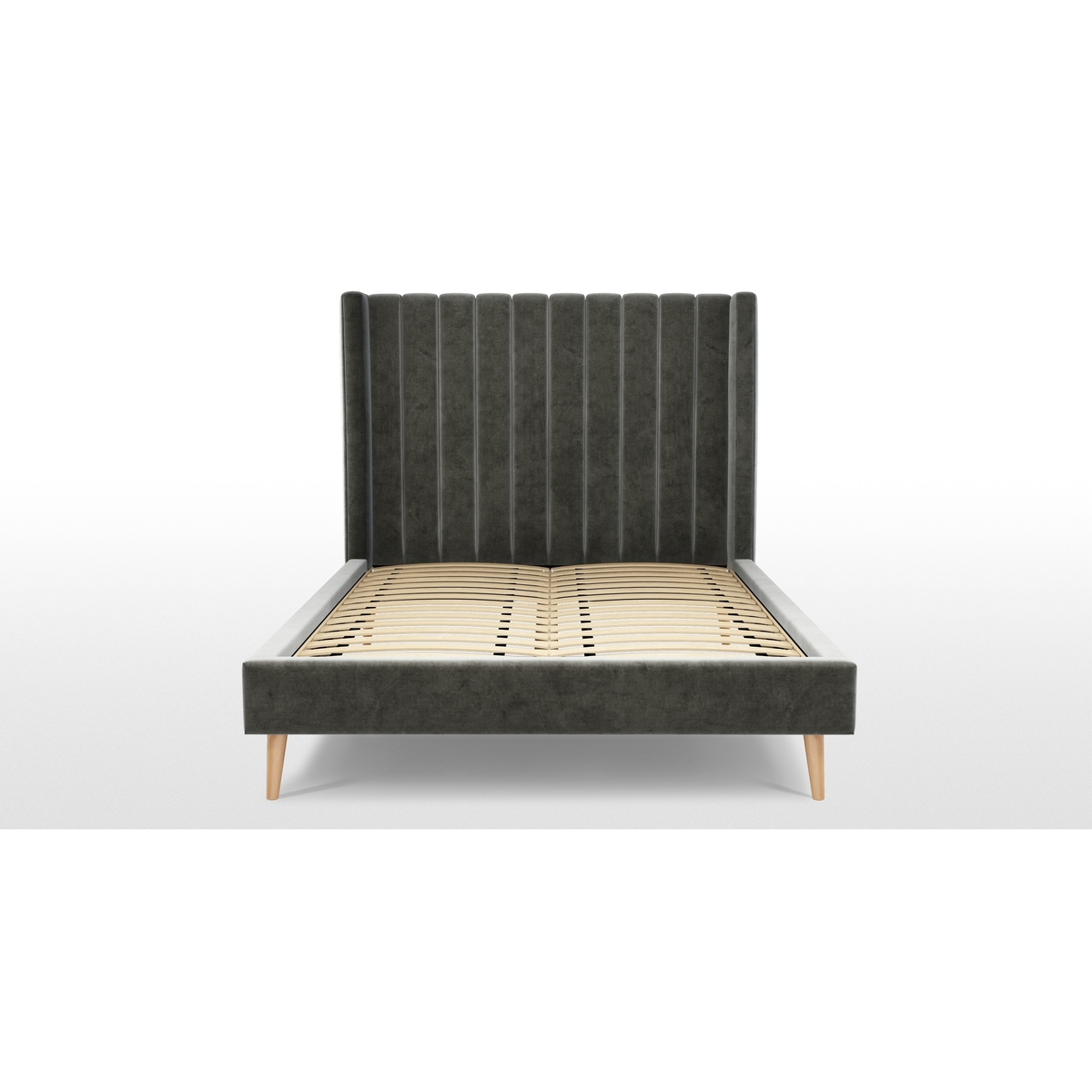 Custom MADE Cory Double size Bed, Steel Grey Velvet with Oak Legs – image 8