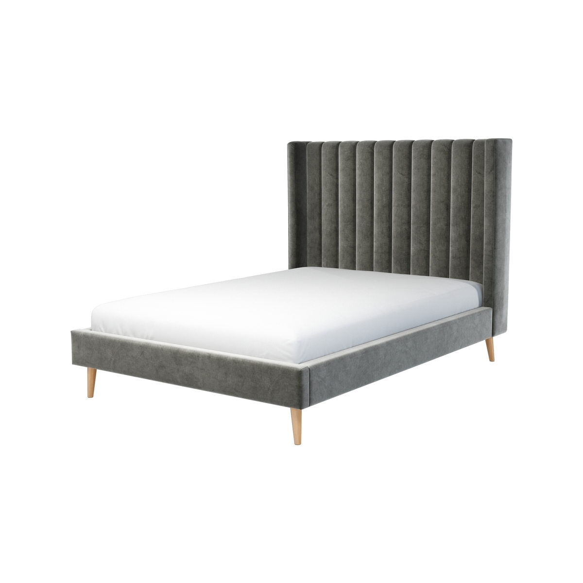 Custom MADE Cory Double size Bed, Steel Grey Velvet with Oak Legs – image 1