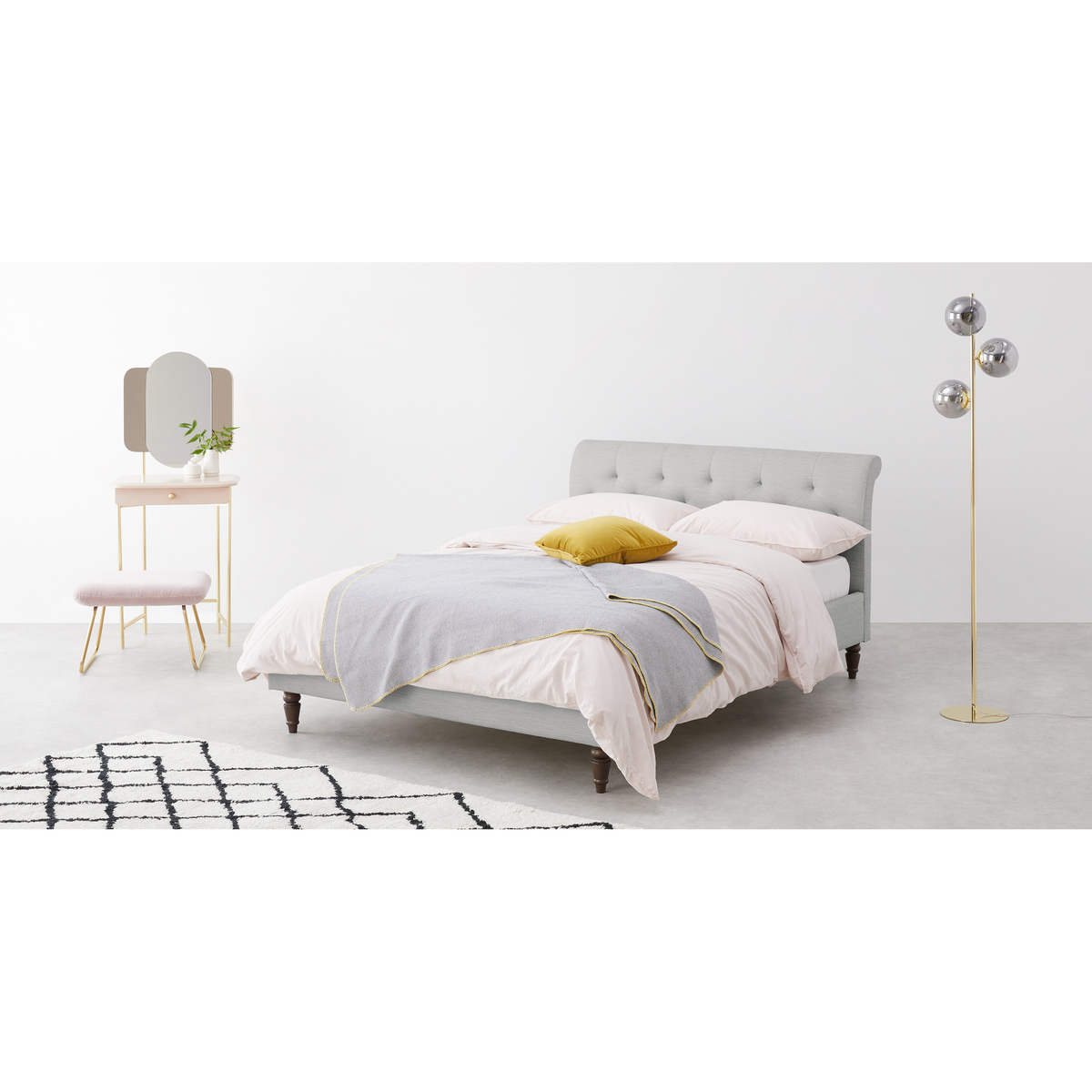 Linnell Double Bed, Snow Grey Weave & Walnut Legs – image 3