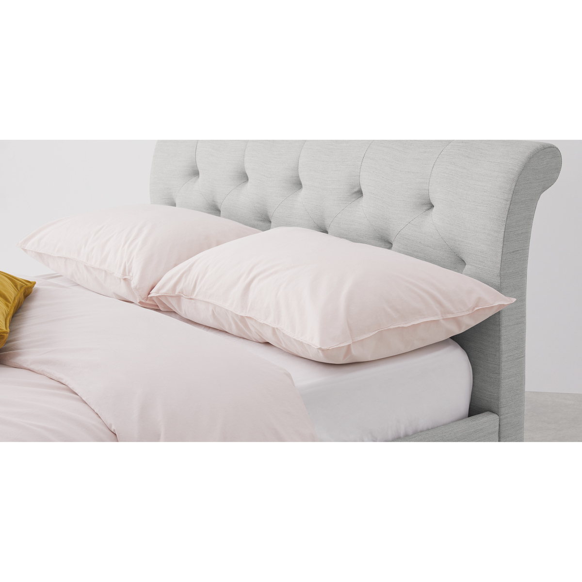 Linnell Double Bed, Snow Grey Weave & Walnut Legs – image 6