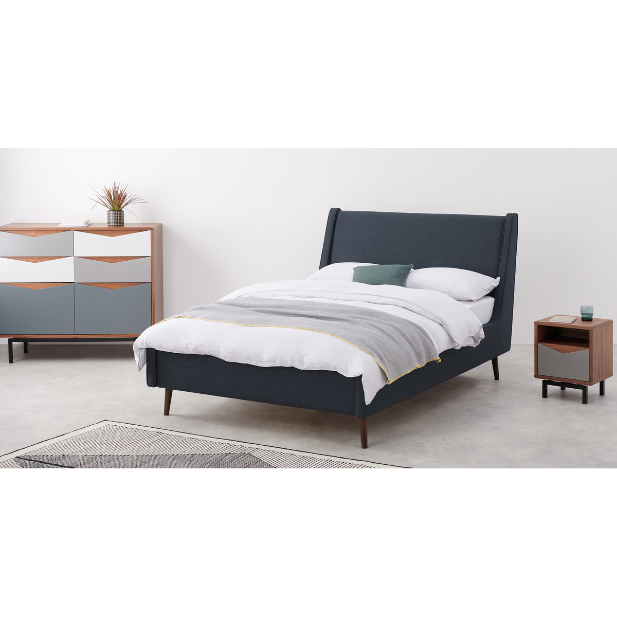 Higgs Double Bed, Shetland Navy Wool & Walnut Stain Legs – image 3