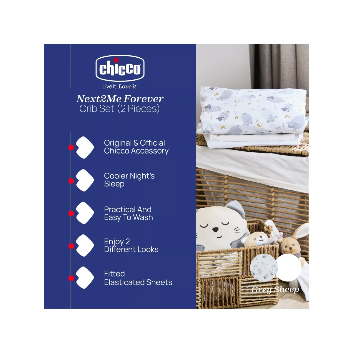 Chicco Next To Me Forever Bedside Crib Sheep Bedding Set, Grey/White – image 2