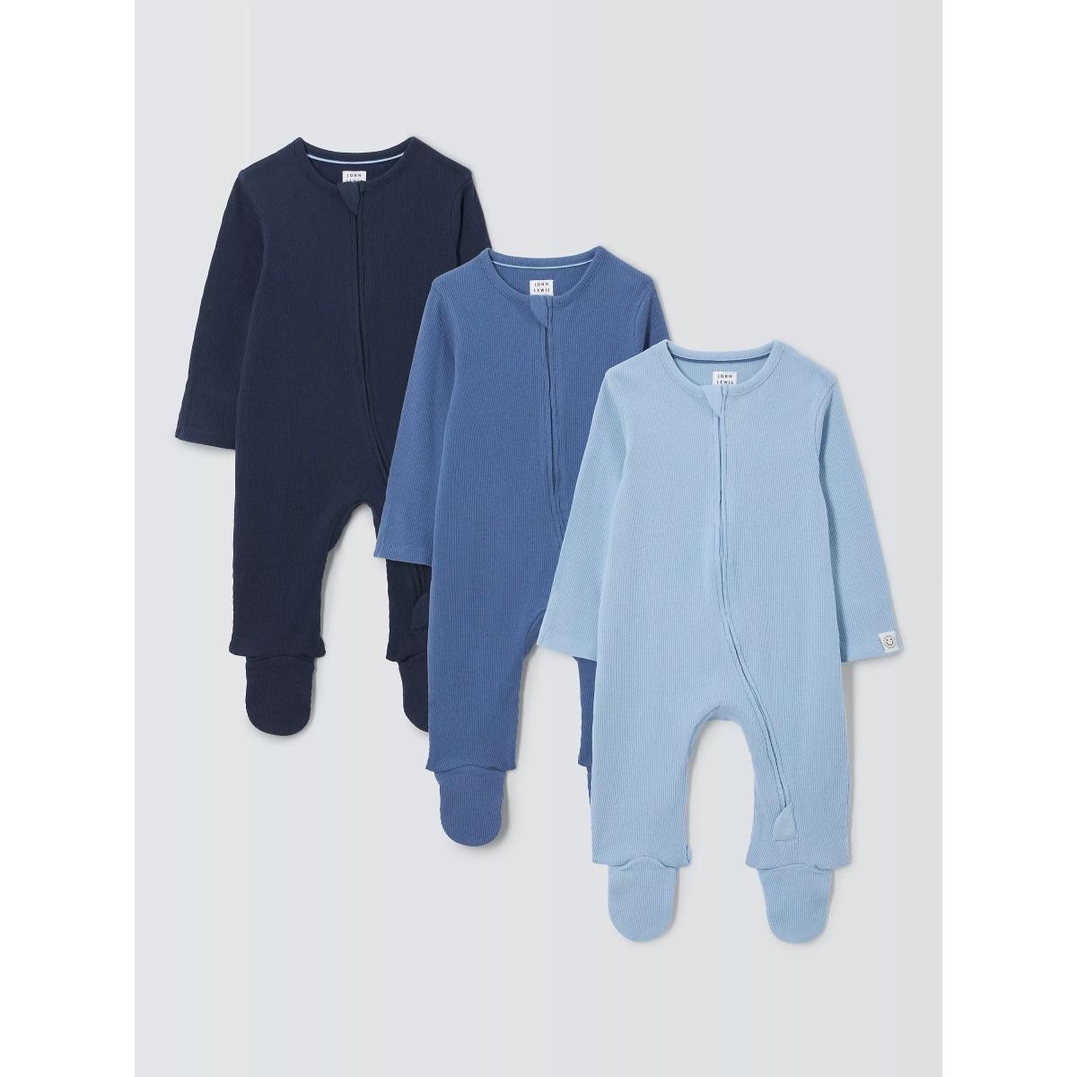 John Lewis Baby Two Way Zip Ribbed Cotton Sleepsuit, Pack of 3, Multi – image 2