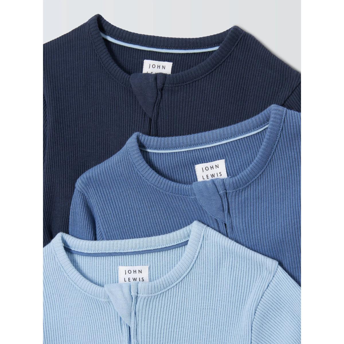 John Lewis Baby Two Way Zip Ribbed Cotton Sleepsuit, Pack of 3, Multi – image 4