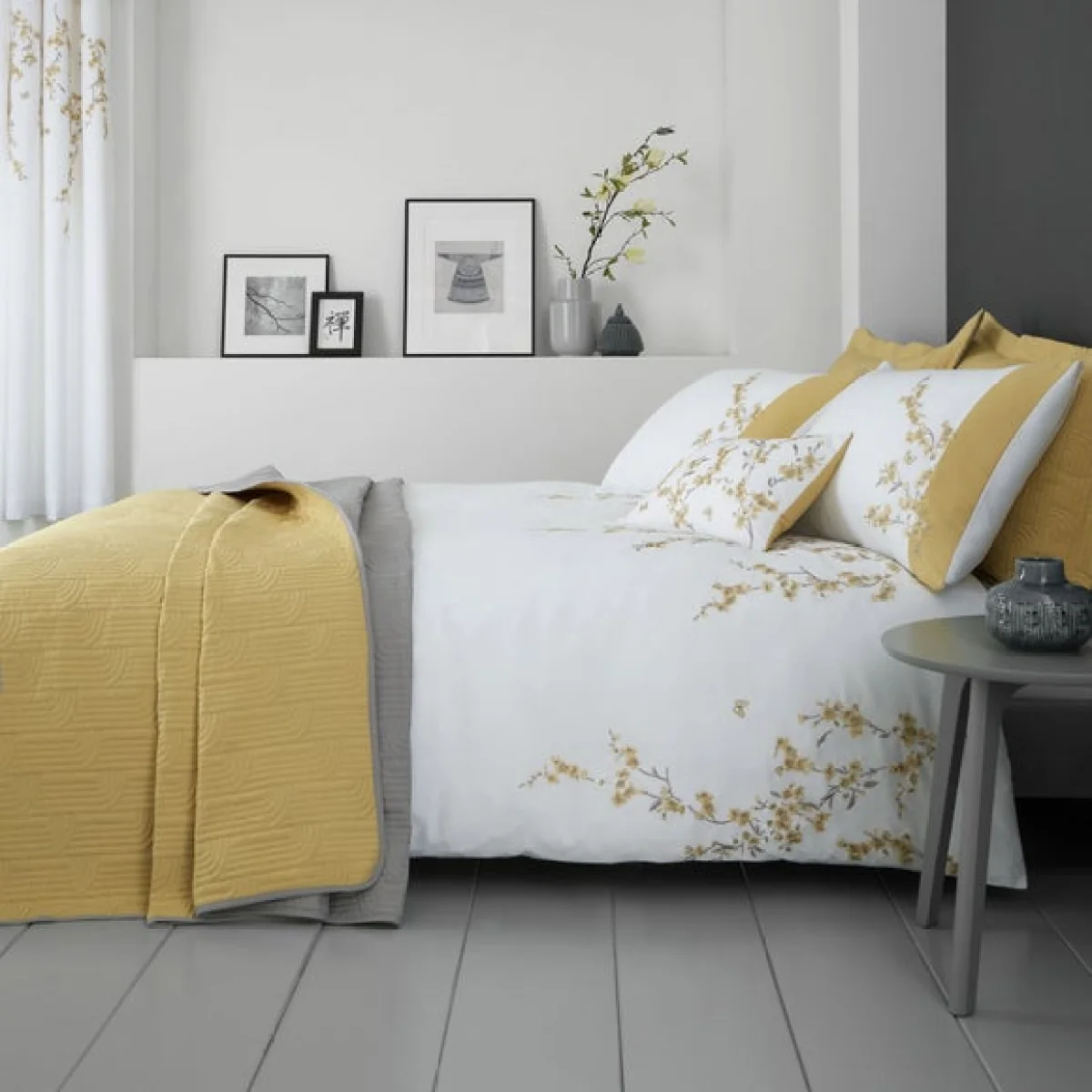 Catherine Lansfield Embroidered Blossom Ochre Bedspread Ochre (Yellow) – image 2