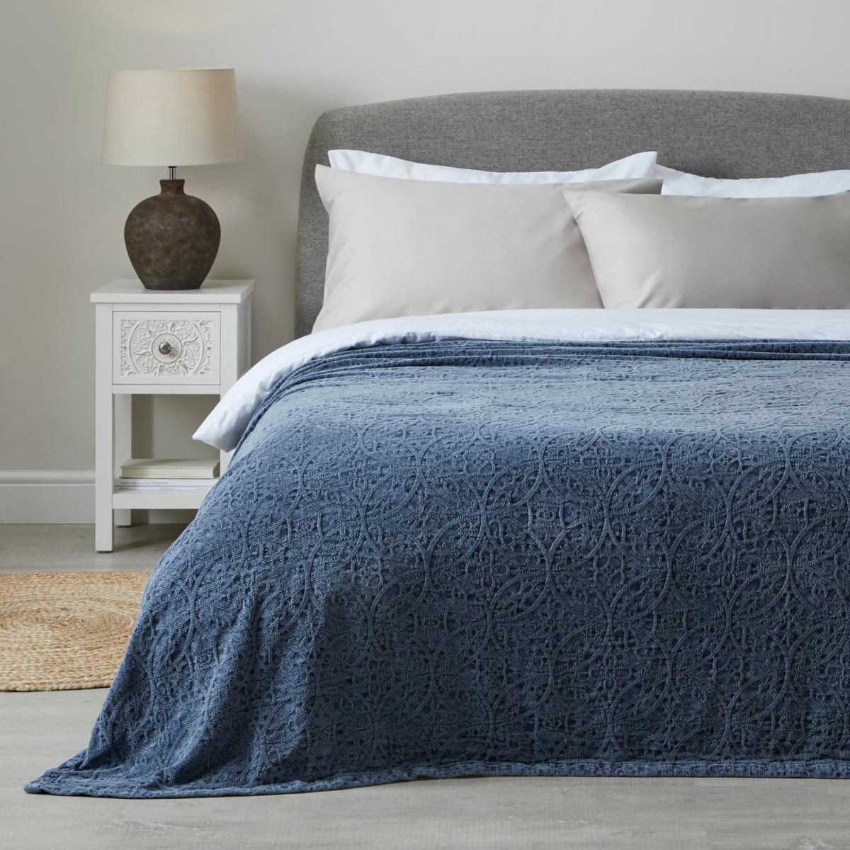 Stonewashed Chenille Folkstone Bedspread Dark Blue – image 1