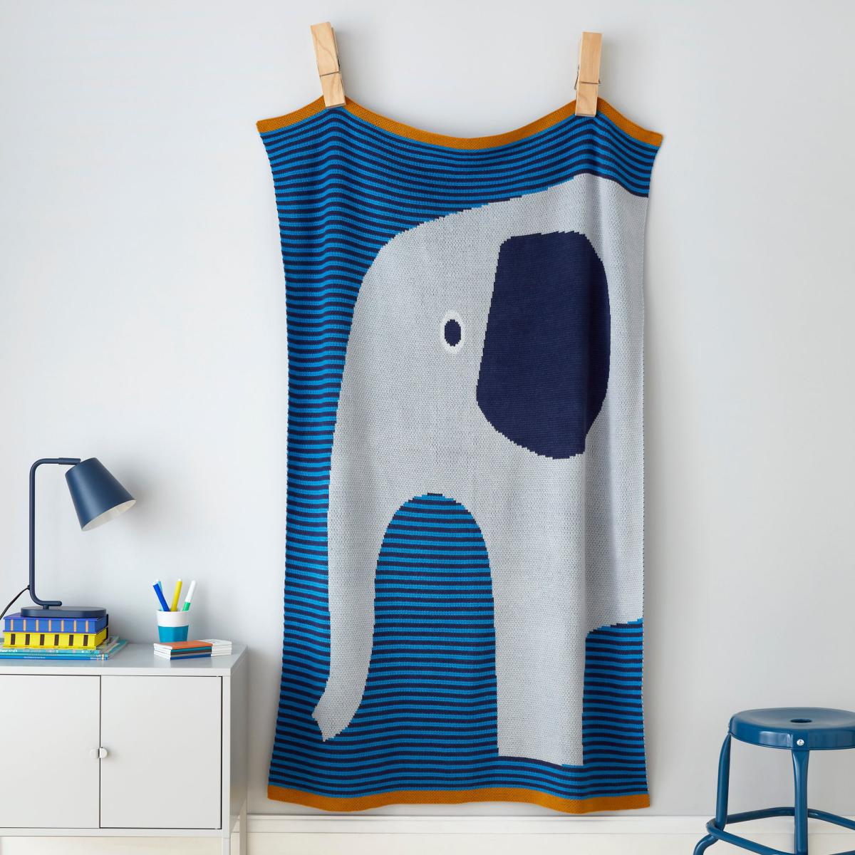 Elements Ezra Elephant Knitted Blanket Blue and White