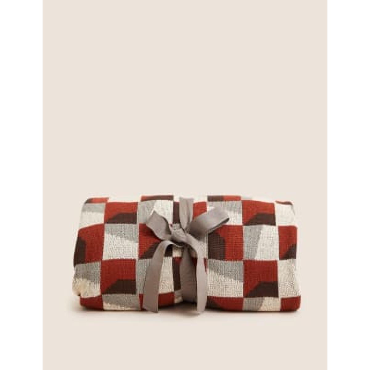 M&S Pure Cotton Geometric Knitted Throw - Rust Mix, Rust Mix – image 5