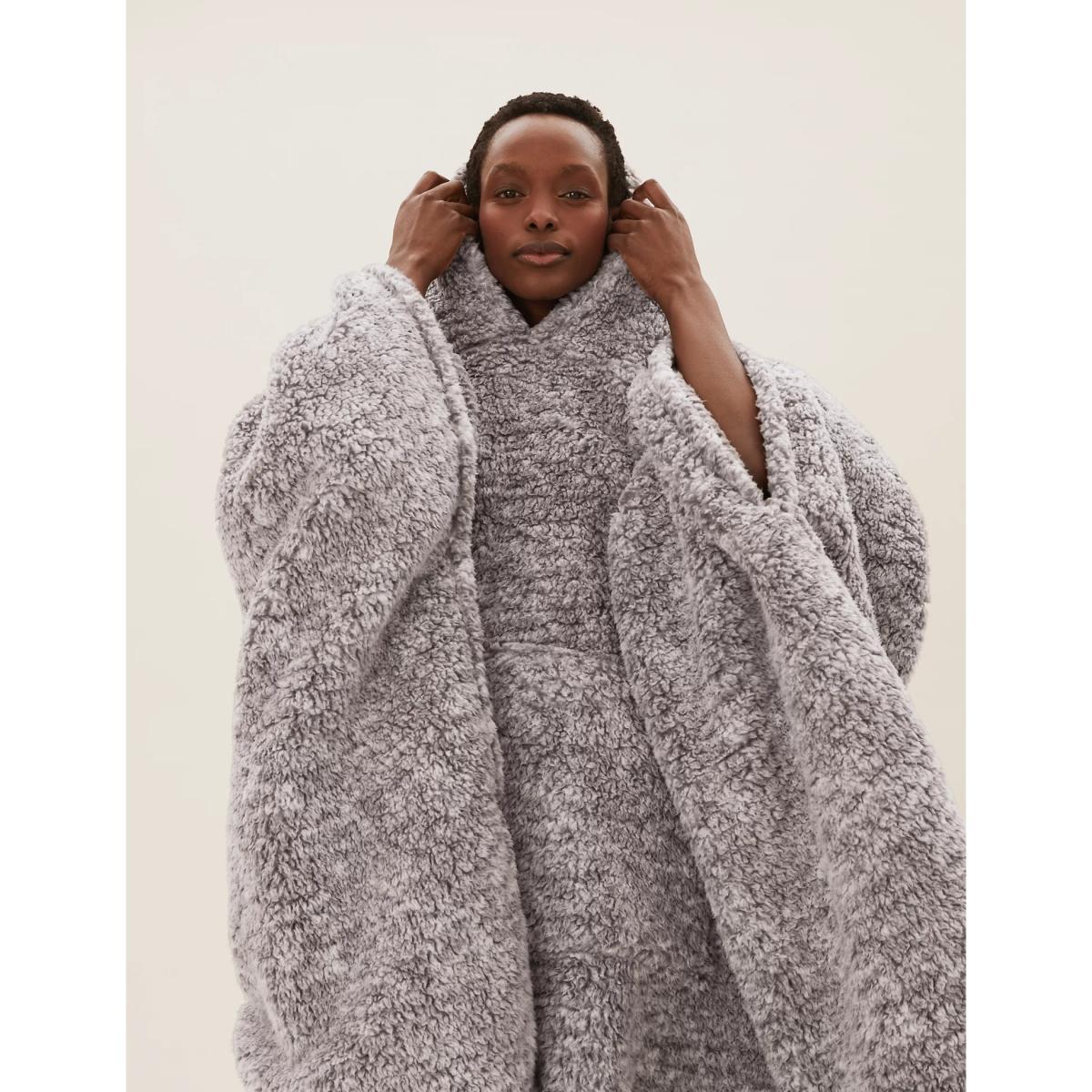 The M&S Snuggle™ Teddy Fleece Adults' Hooded Blanket - Small - Natural, Natural – image 5